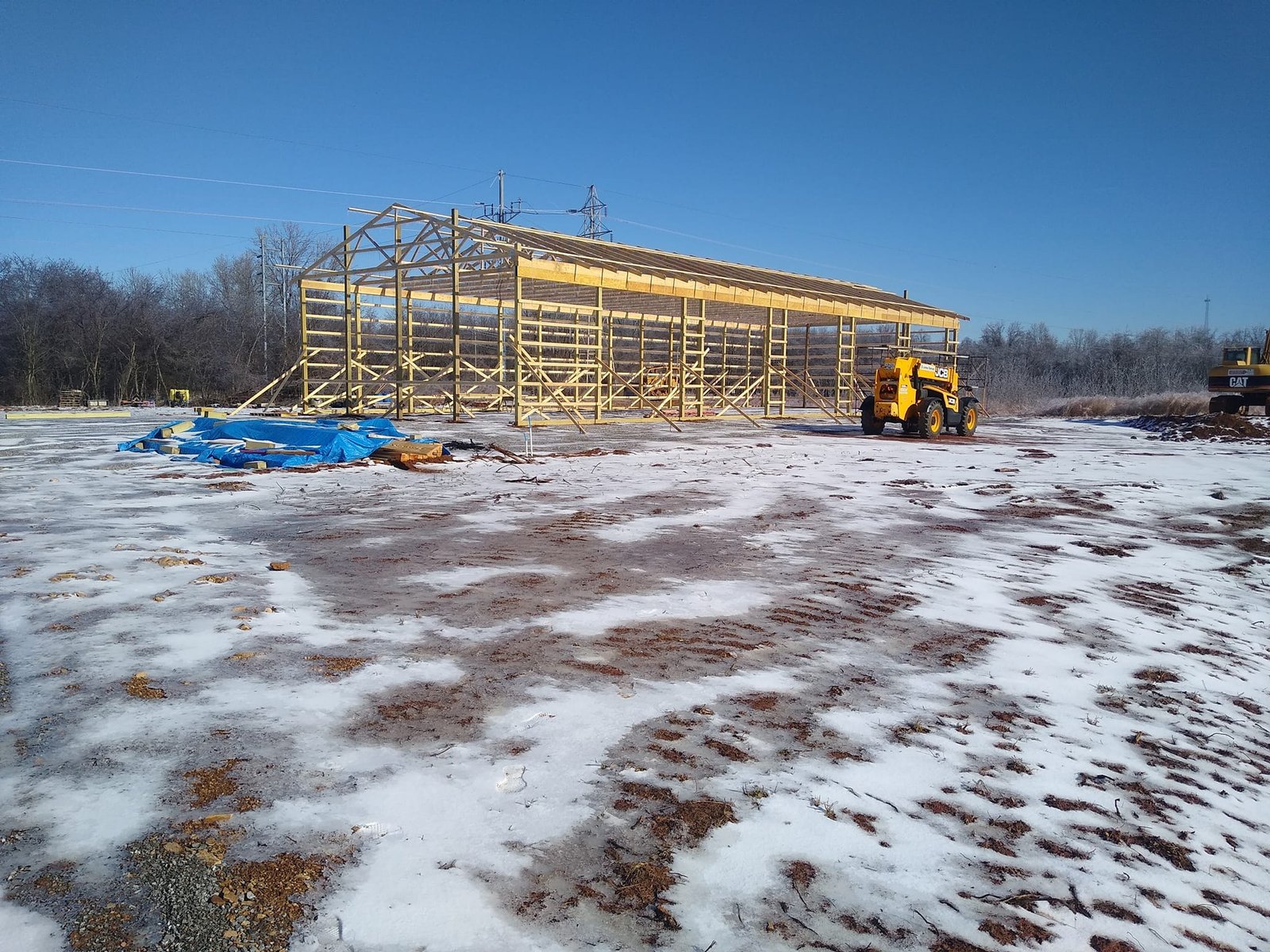 Large commercial steel building frame under construction